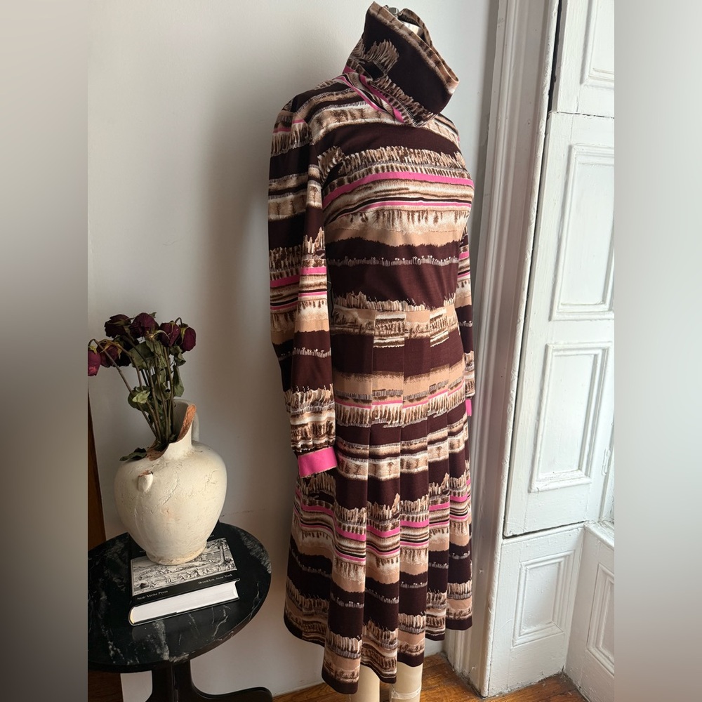 Desert Landscape Print Dress Pleated Skirt Lightweight Spring Dress Funnel Neck